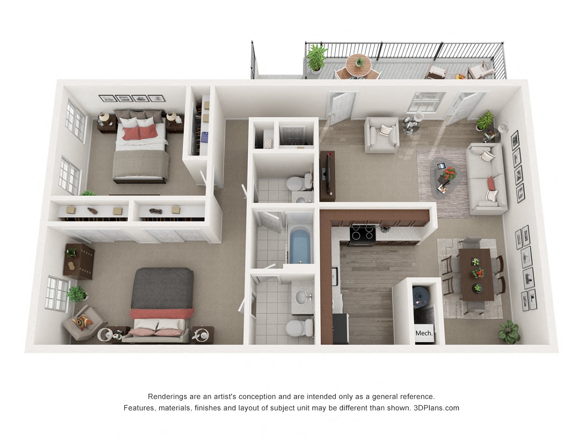 Floor plan for 2 beds, 1.5 baths, 1031 sqft